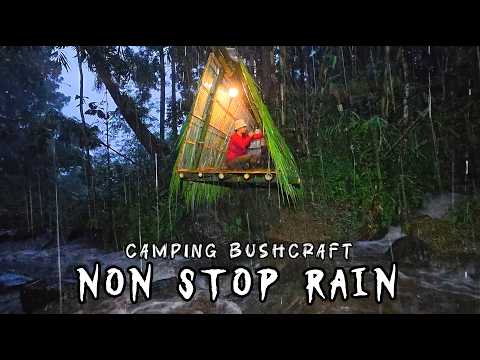 CAMPING BUSHCRAFT IN NON STOP HEAVY RAIN - MAKING A HANGING SHELTER