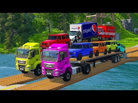 Double Flatbed Trailer Truck vs speed bumps|Busses vs speed bumps | Beamng Drive