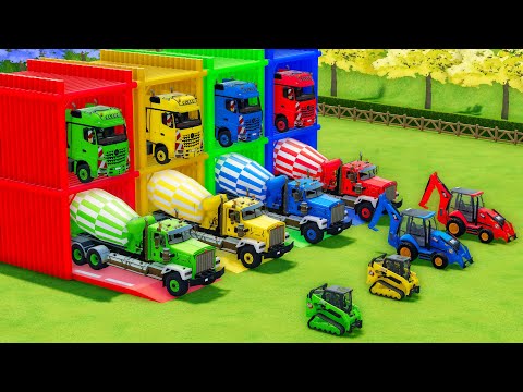 Garage with Colors - ALL MIXER TRUCK WITH DOUBLE FLATBED TRAILER TRUCK, MERCEDES, KENWORTH, CAT