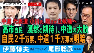 高市自民「漠然と期待」で圧勝、中道の大敗を読む／自民２千万票、中道１千万票の惨敗／中道代表選、小川氏、階氏が立候補へ(伊藤惇夫❎尾形聡彦)【2/11(水) 18:00~ ライブ】