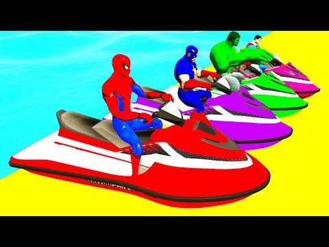 Colors JETSKI And BIKES Superheroes w Spiderman Cartoon 3D Animation