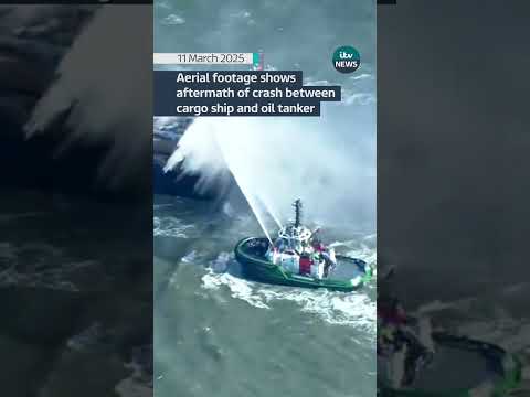 Aerial footage shows aftermath of crash between cargo ship and oil tanker #itvnews