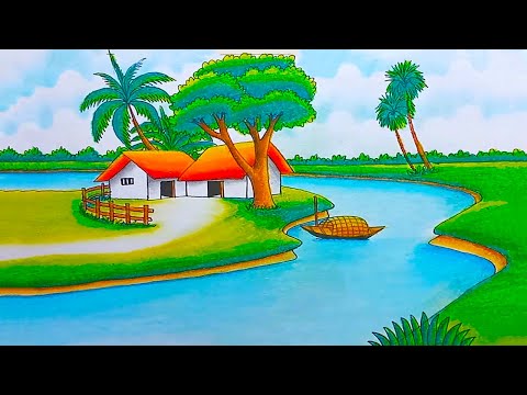 Easy Riverside Village Landscape Drawing with Nature | Oil Pastel Drawing Tutorial for Beginners