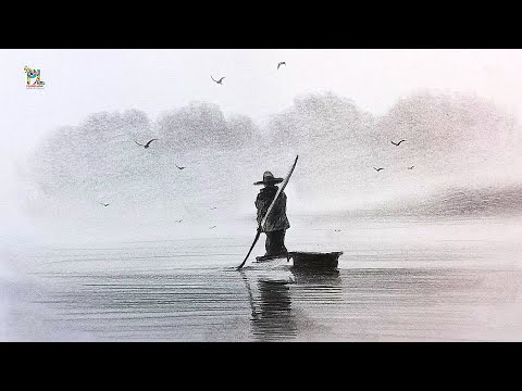 How to draw Fisher man with Boat in Foggy Scenery Art