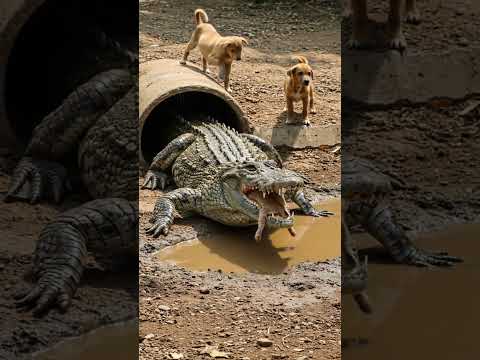 Cute puppy playing outside encounters a huge crocodile #giantanimal #crocodile #puppy