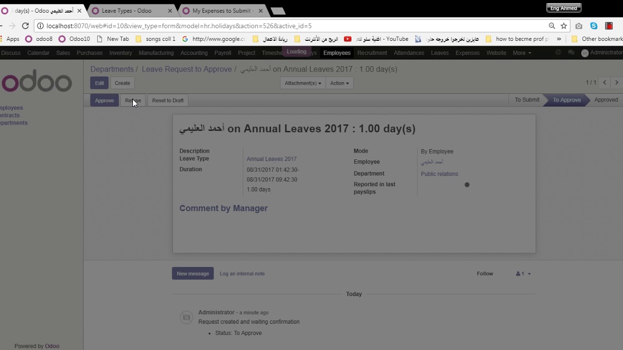 3- Leave Management - Odoo ERP HR | 27.08.2017

Recorded with ScreenCastify (https://www.screencastify.com), the screen video recorder for Chrome.