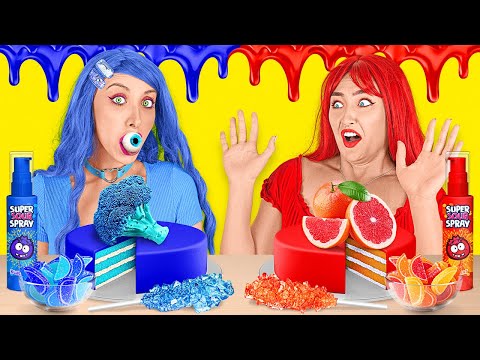 RED VS BLUE CAKE DECORATING MUKBANG! Spin The Mystery Wheel FOOD CHALLENGE IN ONLY 1 COLOR by BRAVO!