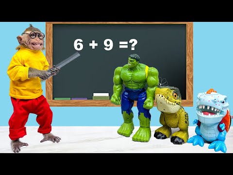 Baby monkey BoBo pretend the teacher with Colorful Dinosaur T-rex, Mouse & Building Bridge Adventure