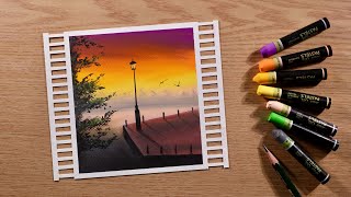 Beautiful Foggy Morning Scenery / Drawing with Oil Pastels / Step by Step 