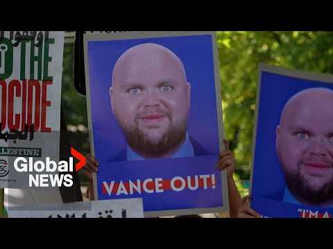 YouTube video thumbnail: JD Vance Memes Lead Protests Against US VP's Holiday in Rural UK Town