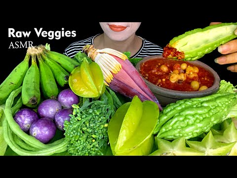 ASMR SPICY RAW VEGGIES || Banana Flower, Green Banana, Long Bean, Star Fruit, Eggplant, Bitter Melon