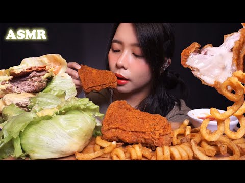 ASMR Triple Beef Lettuce Wrap BURGER, Spicy Fried Chicken, Fries 🍔🍗🍟 | Eating Sounds