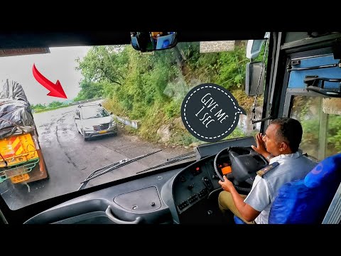 Ghat Driving Volvo Bus Overtakes Heavy Load Trucks and turning Hairpin Bends.