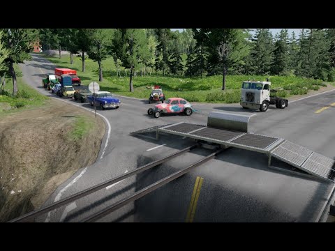 Flatbed Trailer Truck Potholes Transport Car Portal Trap Rescue - Cars vs Speed Bumps - BeamNG.drive