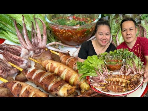 กินหมึกไข่ย่างกับน้ำจิ้มซีฟู๊ดรสเด็ดทำเอง มีสาวยโสมากินนำปลาหมึกหวานๆ