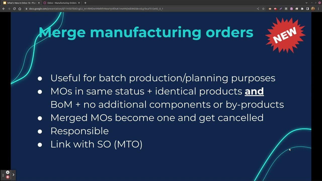 [Odoo 16 - Manufacturing] Release Highlights - Production Planning | 12/22/2022

New Features of Odoo 16 related to Production Planning: - Split & Merge Manufacturing Orders - Operations Dependency - Gantt ...