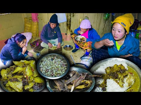 Squash & Buff Dry meat Recipe & Big beans Lentils with Rice Cooking & eating ||  Nepali Village Vlog