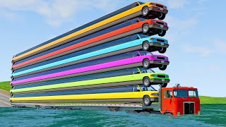 Limousine Long Cars Flatbed Trailer Ramp Truck Car Rescue - Cars vs Deep Water - BeamNG.drive