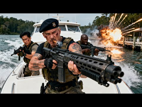 Thrilling action film: terrorists attack mercenaries by speedboat, fierce gunfight erupts