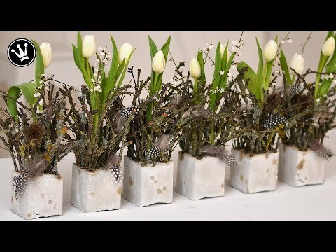 DIY - Frühlingsdeko aus Beton | mit Zweigen, Tulpen und Federn | Tischdeko