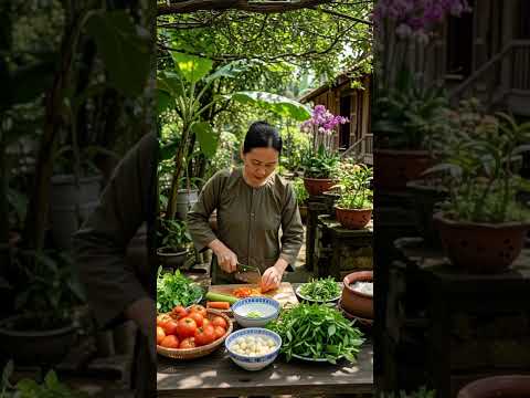 Village woman preparing food on a wooden table in garden gia đình việt nam