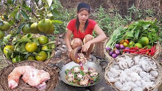 Yummy! Octopus curry tasty cooking with Fresh vegetable, Pork legs curry and Pick Oranges for food