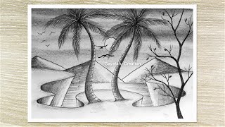 Beautiful Sunset Landscape Drawing with Pencil Easy, Pencil Drawing for Beginners