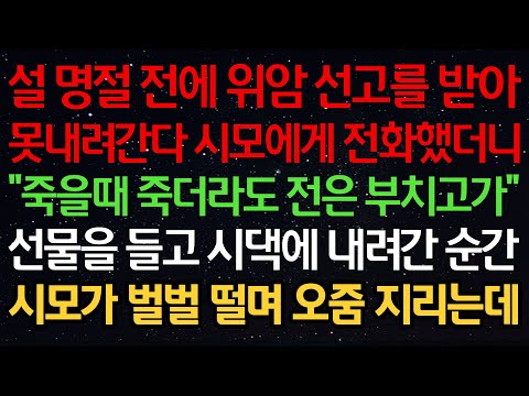 실화사연-설 명절 전에 위암 선고를 받아 못내려간다 시모에게 전화했더니 “죽을때 죽더라도 전은 부치고 가“ 선물을 들고 시댁에 내려간 순간 시모가 벌벌 떨며 오줌 지리는데