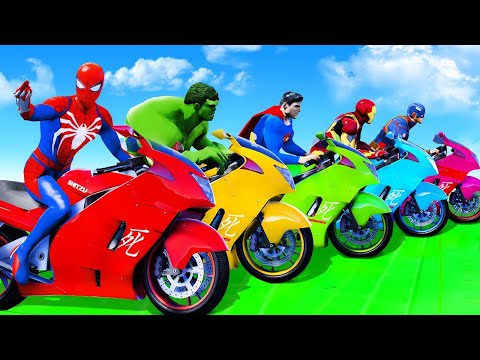 CARROS e MOTOS com HOMEM ARANHA e SUPER HERÓIS! Desafio de Super Carros e MOTOS na Rampa-GTA V Mods