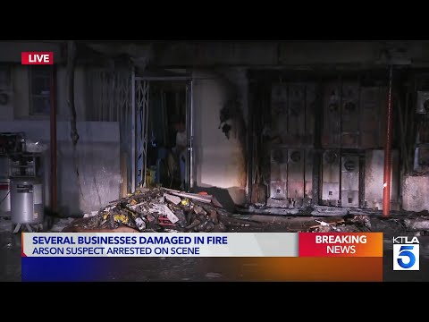 Arson suspected after fire <strong>tears</strong> through Sylmar strip mall