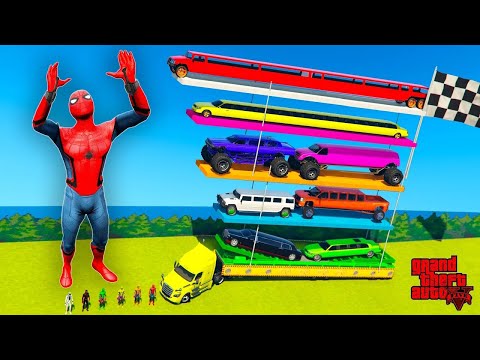 Spiderman team & Super Heroes  Loading Super Cars & Big Trucks  Into A Big Trailer New