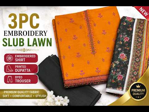 3pc Embroidery Slub Lawn  | BIN NISAR Textile | Wholesaler in Faisalabad