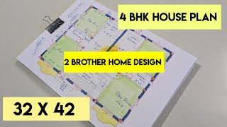 2 family simple house plan with 4 bedroom II 4bhk ghar ka design II 32 x42 house floor design