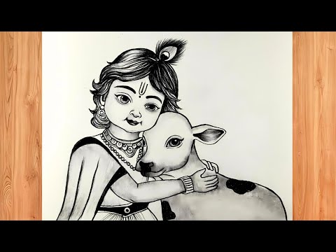 How To Draw Krishna With Cow | Easy Krishna Ji Drawing | Krishna Ji With Cow Pencil Sketch Drawing |