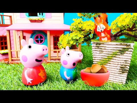 Peppa Wutz Spielzeug Video. Peppa und Schorsch füttern ein Eichhörnchen. Plüpa Plüsch