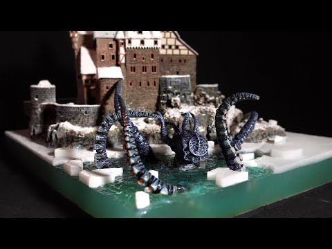 Terrifying Octopus Attacking Castle in Winter - Resin Diorama