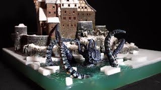 Terrifying Octopus Attacking Castle in Winter - Resin Diorama