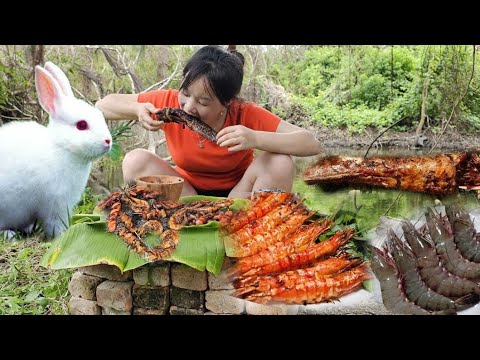 Alone and the grilled white rabbit eats survival skills in the forest. Natural bird sounds #alone