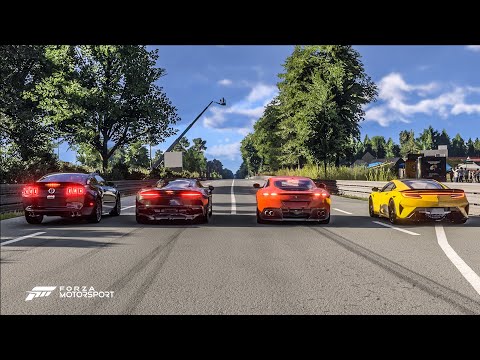 Forza Motorsport Drag race: Ford Shelby GT500 '13 vs Acura NSX Type-S vs McLaren GT vs Ferrari Roma