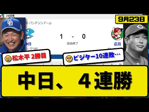 【4位vs5位】中日ドラゴンズが広島カープに1-0で勝利…9月23日完封勝ちで４連勝…先発松木平7回無失点2勝目…石川が決勝タイムリーの活躍【最新・反応集・なんJ・2ch】プロ野球