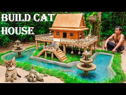 Rescue Cats Building Mud House Cat And Fish Pond for Raising Red Fish