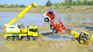 Powerful Crane Eicher Tractor Accident Fully Mud River Pulling Out Biggest Crane JCB 3DX ? CS Toy
