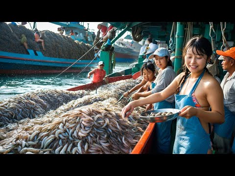 How Japanese fishermen catch, process hundreds of tons of fish at sea every day - Giant fishing net