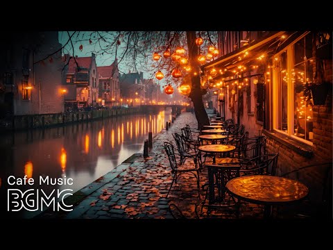 Cozy Winter Night Jazz 🏮 Riverside Cafe Ambience with Relaxing Piano Music & Warm Lights