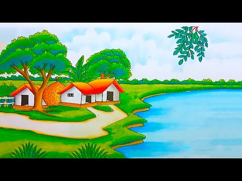 How to draw a beautiful landscape village scenery step by step easy drawing with oil pastel color