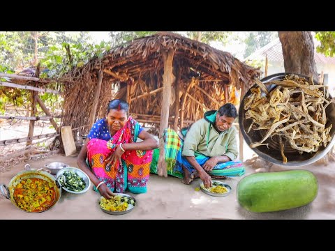 DRY FISH with bottle gourd and MULO SHAK VAJI cooking and eating by santali tribe old couple