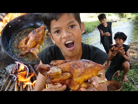 Survival Skills Primitive - Cooking chicken in forest and eating delicious ep0019