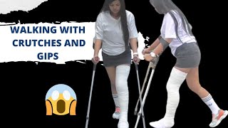 Walking with Crutches and Gips in German Store