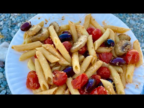 Desert Camp Cooking: Tomato, Mushroom & Kalamata Olive Penne with Parmesan