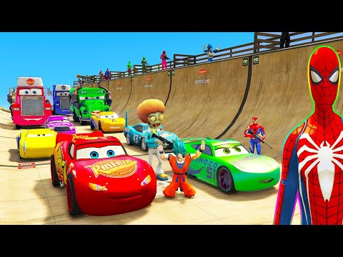 SPIDERMAN Vs GOKU McQueen Friends CARS Mega TITANS Ramp ! SUPERHERO Mack Trucks Zombie Race - GTA V